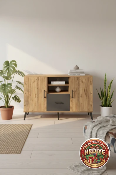 mobihobi Luna Konsol: 4 Raflı, 1 Çekmeceli, 2 Kapaklı 132cm - Çam/Antrasit Dekorasyon ürün görseli 1