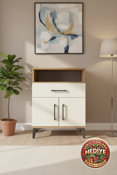mobihobi Silva Komodin 2 Raflı 1 Çekmeceli 2 Kapaklı Çam-Aytaşı 60x30x80cm ürün görseli 1