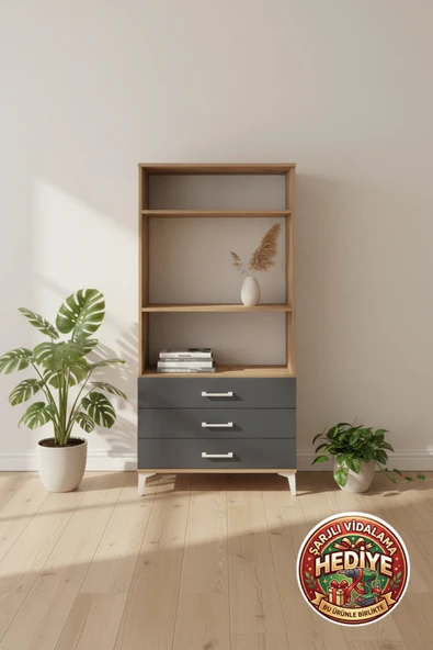 mobihobi Silva 3 Raflı 3 Çekmeceli Dolap 88x30x182 Çam-Antrasit | Modern Depolama ürün görseli 1