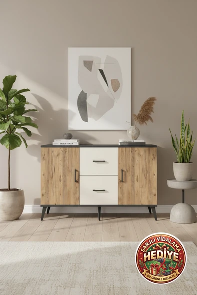 mobihobi Luna Konsol 2 Raflı, 2 Çekmeceli, 2 Kapaklı 132cm Antrasit-Çam/Aytaşı ürün görseli 1