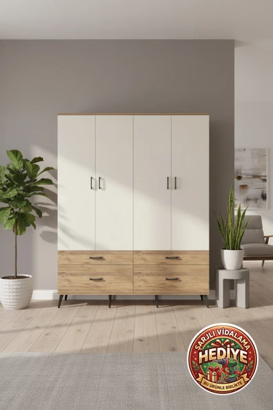 mobihobi Aura Gardrop: 10 Raflı, 4 Çekmeceli, 4 Kapaklı, 176x59x221 Çam-Aytaşı ürün görseli 1