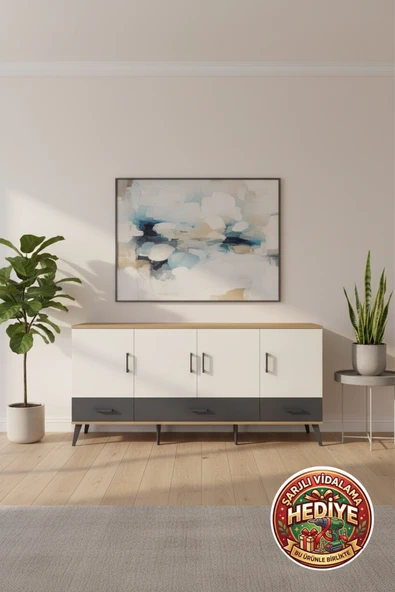 mobihobi Luna Konsol: 6 Raflı 3 Çekmeceli 4 Kapaklı 176cm Aytaşı/Antrasit ürün görseli 1