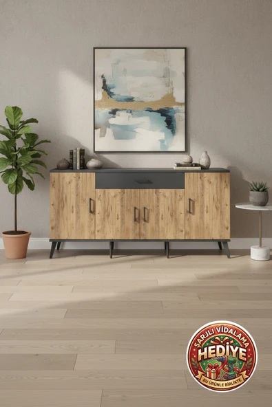 mobihobi Silva Konsol 3 Raflı, 1 Çekmeceli, 4 Kapaklı Antrasit-Çam 176x30x83 cm ürün görseli 1