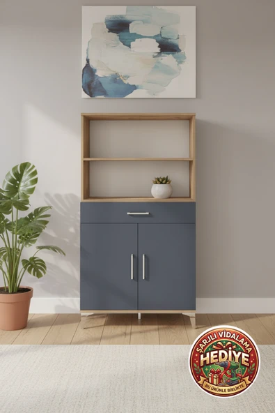 mobihobi Silva Dolap 3 Raflı 1 Çekmeceli 2 Kapaklı Antrasit-Çam 88x30x163 cm ürün görseli 1
