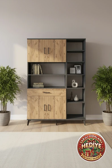 mobihobi Silva Gardrop 10 Raflı Antrasit-Çam Çekmeceli 4 Kapaklı 132x30x195cm ürün görseli 1
