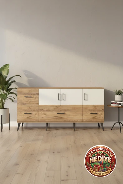 mobihobi Luna Konsol 4 Raflı 4 Çekmeceli 3 Kapaklı 176cm Çam-Aytaşı | Modern Depolama ürün görseli 1