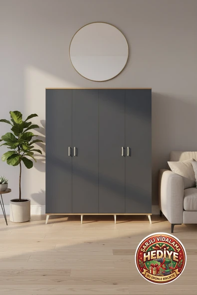 mobihobi Luna Gardırop 10 Raflı, 4 Kapaklı (176x44x221cm) Çam-Antrasit | Evinizin Şıklığı ürün görseli 1