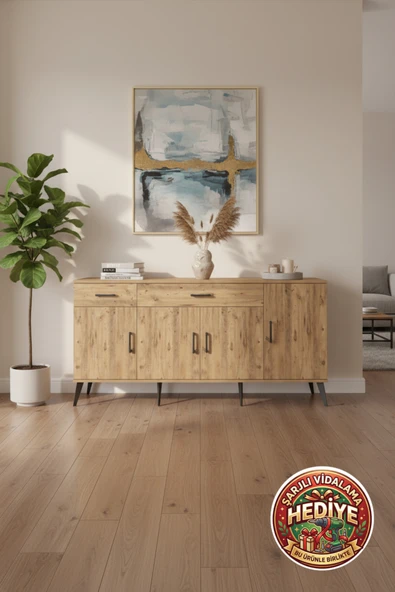 mobihobi Luna 176x44x83 Çam 5 Raflı 2 Çekmeceli 4 Kapaklı Konsol ürün görseli 1