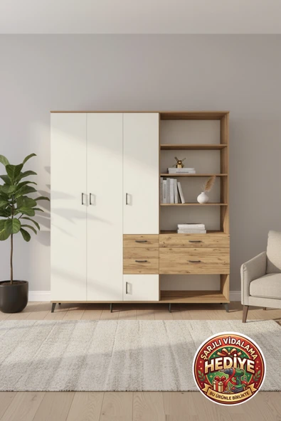 mobihobi Luna Dolap: 14 Raflı, 4 Çekmeceli, 4 Kapaklı, 220x44x243 Çam-Aytaşı ürün görseli 1