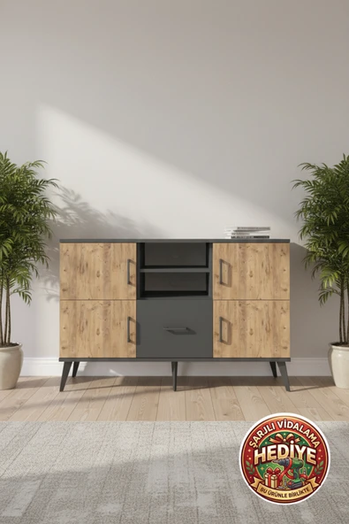 mobihobi Luna Konsol: 4 Raflı, 1 Çekmeceli, 4 Kapaklı Antrasit-Çam 132x44x83 ürün görseli 1