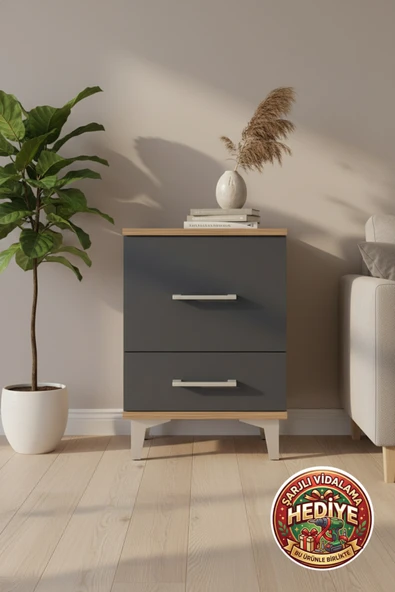 mobihobi Luna 2 Çekmeceli Komodin: Atlas Çam & Antrasit (44x44x64cm) ürün görseli 1