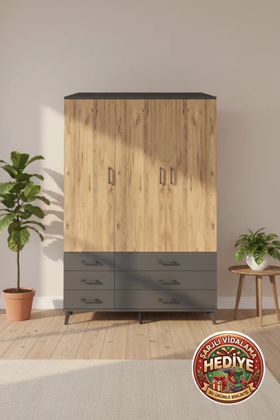 mobihobi Aura Dolap: 6 Çekmeceli, 5 Raflı, 1 Askılı, 132x59x195 Antrasit-Çam ürün görseli 1