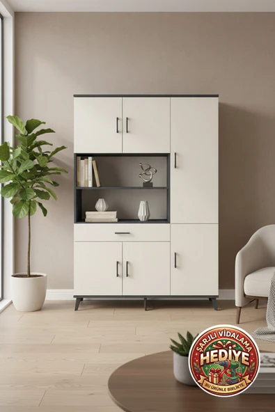 mobihobi Silva Gardrop 10 Raflı 6 Kapaklı 1 Çekmeceli 132x30x195 Antrasit-Aytaşı ürün görseli 1