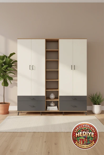 mobihobi Luna Dolap: 12 Raflı, 4 Çekmeceli, 2 Askılı Geniş Depolama Çözümü (220x44x243) ürün görseli 1