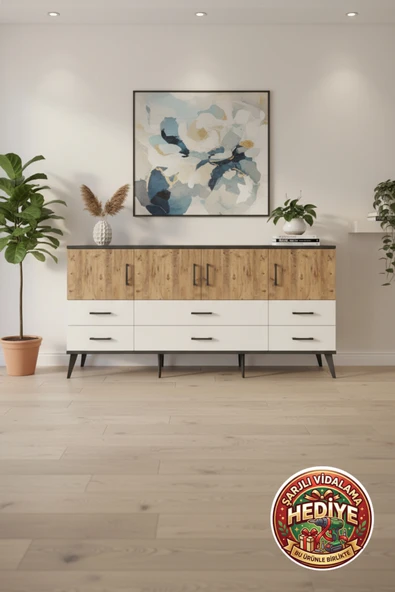 mobihobi Luna Konsol 3 Raflı 6 Çekmeceli 4 Kapaklı 176cm Antrasit-Çam/Aytaşı ürün görseli 1