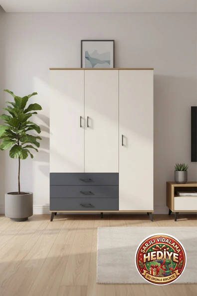 mobihobi Silva Dolap: 6 Raflı 3 Çekmeceli 1 Askılı (132x30x195cm) Çam-Aytaşı/Antrasit ürün görseli 1