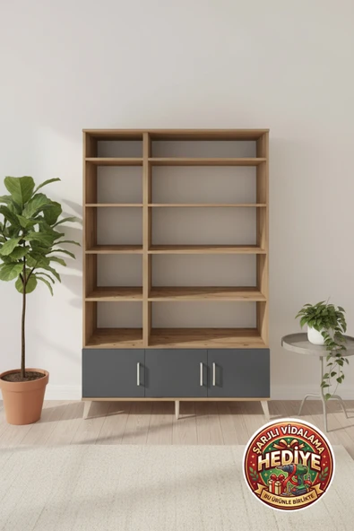 mobihobi Luna 10 Raflı 3 Kapaklı Dolap: 132x44x195 Çam-Antrasit Şıklığı ürün görseli 1