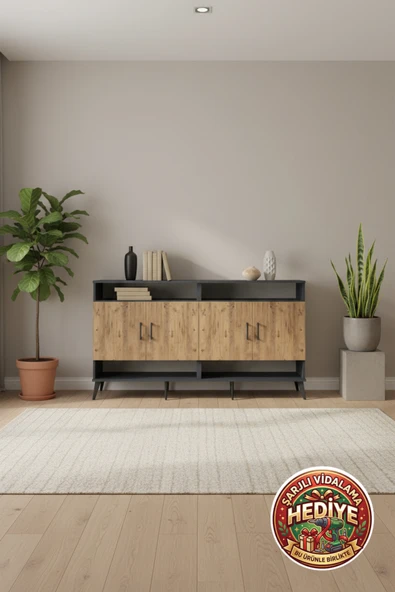 mobihobi Silva Konsol 6 Raflı 4 Kapaklı Antrasit-Çam/Aytaşı 176x30x99 Cm ürün görseli 1