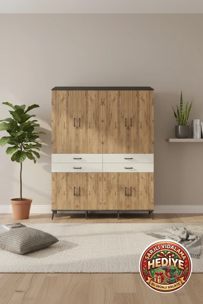 mobihobi Silva Gardırop: 8 Raflı, 4 Çekmeceli, 8 Kapaklı, 176x30x221 Antrasit-Çam ürün görseli 1