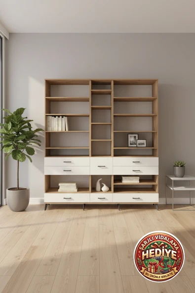 mobihobi Luna Dolap 19 Raflı 8 Çekmeceli 220cm Geniş Çam ve Aytaşı ürün görseli 1