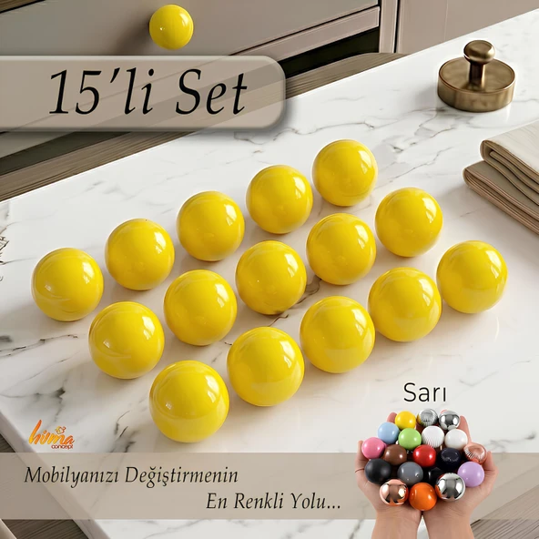 15 Adet Sert Plastik Düğme Yuvarlak Top Sarı Dolap Mobilya Mutfak Dolabı Çekmece Kulbu Kulpu Kulplar ürün görseli 1