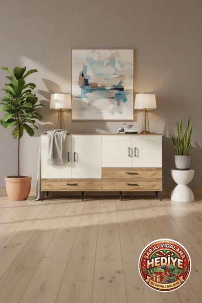 mobihobi Silva Konsol: 5 Raflı, 3 Çekmeceli, 4 Kapaklı, 176x30x99 Cm Çam-Aytaşı ürün görseli 1