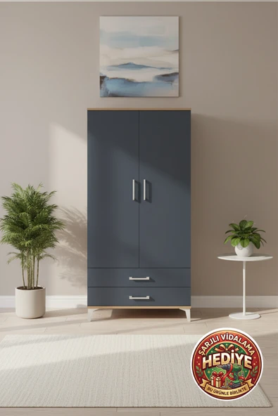 mobihobi Luna Çam Antrasit 2 Çekmeceli Tek Askılı 1 Raflı Dolap 88x44x182 ürün görseli 1