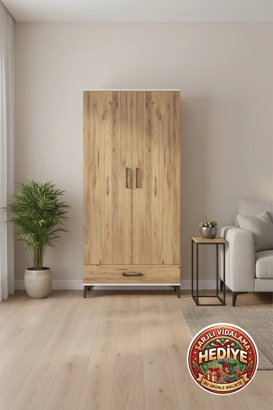 mobihobi Luna 4 Raflı Tek Çekmeceli 2 Kapaklı Dolap (88x44x182cm) Aytaşı-Çam ürün görseli 1