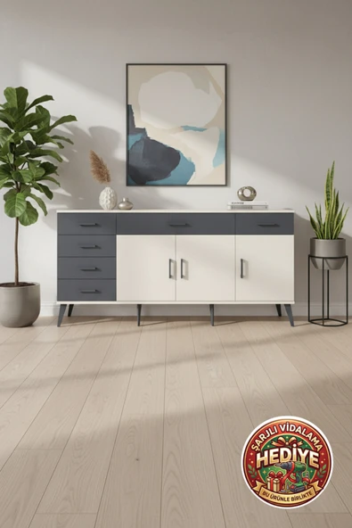mobihobi Luna Konsol: 6 Çekmeceli, 3 Kapaklı, 2 Raflı Aytaşı/Antrasit Depolama Çözümü (176x44x83) ürün görseli 1