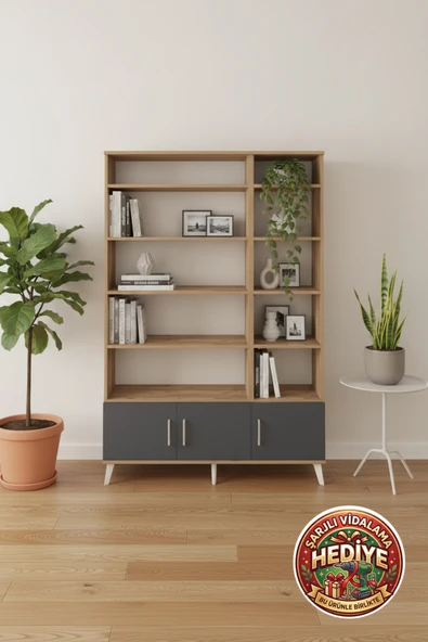 mobihobi Silva 10 Raflı 3 Kapaklı Çam-Antrasit Dolap | 132x30x195 CM ürün görseli 1