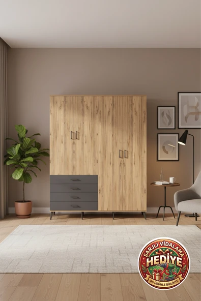 mobihobi Luna Gardırop 176x44x221: Geniş Hacimli, 4 Çekmeceli, Çam/Antrasit ürün görseli 1