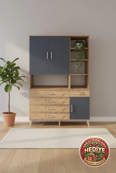 mobihobi Luna Dolap: 8 Raflı, 5 Çekmeceli, 3 Kapaklı 132x44x195 Çam-Antrasit Depolama Çözümü ürün görseli 1
