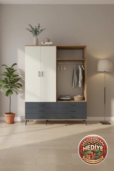 mobihobi Aura Gardrop: 6 Çekmeceli, 2 Kapaklı, 2 Askılı, 4 Raflı - 176x59x221 Çam-Aytaşı/Antrasit ürün görseli 1