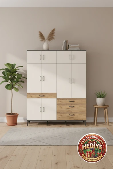 mobihobi Silva Gardrop 5 Raf 4 Çekmece 2 Askılı 176x30x221 Antrasit-Aytaşı Çam ürün görseli 1