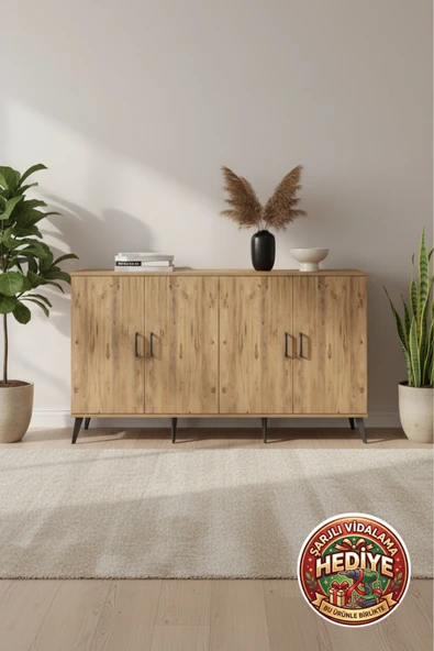 mobihobi Silva Konsol 6 Raflı 4 Kapaklı 176x30x99 Çam/Aytaşı - Modern Depolama ürün görseli 1
