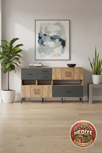 mobihobi Silva Konsol 5 Raflı 4 Çekmeceli 4 Kapaklı 176x30x99 Çam/Antrasit ürün görseli 1