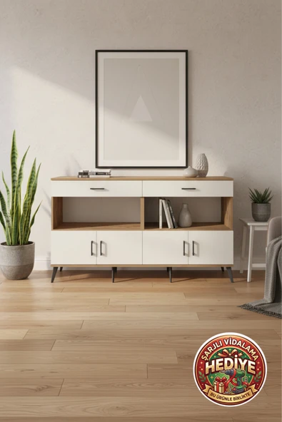 mobihobi Luna Konsol 2 Raflı 2 Çekmeceli 4 Kapaklı 176cm Çam/Aytaşı - Dekoratif Saklama ürün görseli 1