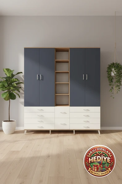 mobihobi Luna Dolap: 9 Raflı, 10 Çekmeceli, 2 Askılı 220cm - Şıklık ve Ferahlık ürün görseli 1