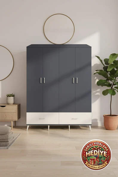 mobihobi Aura Gardrop 176x59x221cm: Şık ve Fonksiyonel Antrasit/Aytaşı Saklama Çözümü ürün görseli 1