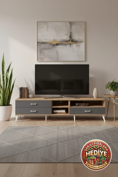 mobihobi Luna TV Ünitesi: 2 Raflı, 3 Çekmeceli, 220cm, Çam/Antrasit - Şıklık ve Fonksiyonel Çözüm ürün görseli 1