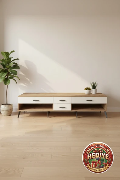 mobihobi Aura 4 Çekmeceli TV Ünitesi: 220cm, Atlas Çam & Aytaşı Şıklığı ürün görseli 1