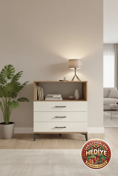 mobihobi Luna Şifonyer: 3 Çekmeceli, 1 Raflı, 96cm Yükseklik, Atlas Çam & Aytaşı ürün görseli 1