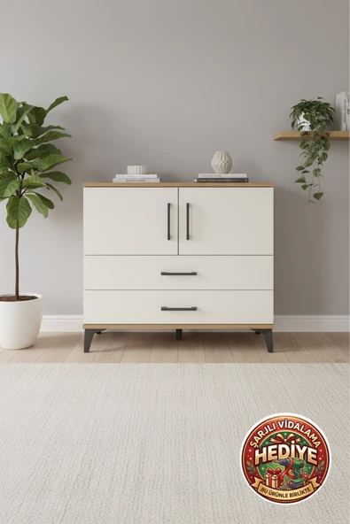 mobihobi Luna Şifonyer: 2 Raflı, 2 Çekmeceli, 2 Kapaklı Çam-Aytaşı Komodin ürün görseli 1