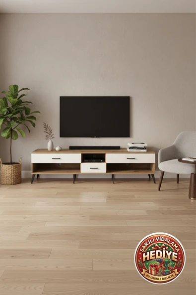 mobihobi Luna 3 Çekmeceli Tek Raflı TV Ünitesi 220cm - Çam/Aytaşı Modern Tasarım ürün görseli 1
