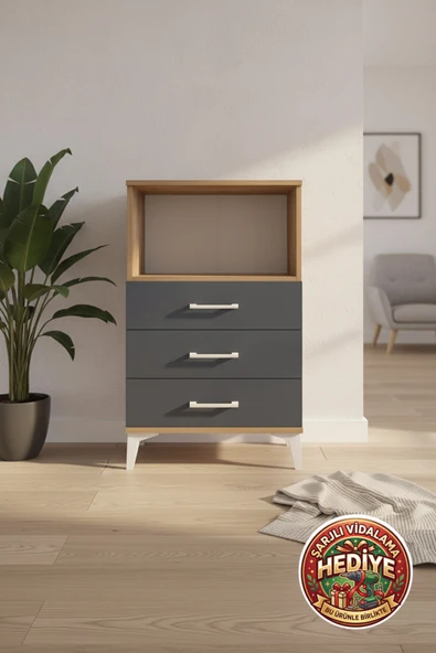 mobihobi Silva Komodin 3 Çekmeceli, 1 Raflı 60x30x96 Çam-Antrasit | Modern Tasarım ürün görseli 1
