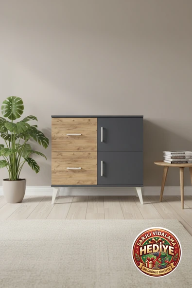 mobihobi Luna Antrasit Şifonyer: 2 Çekmeceli, 2 Kapaklı, 1 Raflı (88x44x80cm) ürün görseli 1
