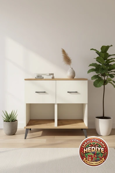 mobihobi Silva 2 Çekmeceli Şifonyer: Aytaşı-Çam Detaylı Modern Depolama Çözümü (88x30x80cm) ürün görseli 1