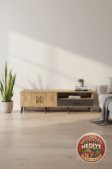 mobihobi Silva TV Ünitesi: Çam ve Antrasit, 2 Raflı, 1 Çekmeceli, 2 Kapaklı (176x30x51cm) ürün görseli 1