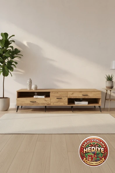 mobihobi Aura TV Ünitesi: 220cm Tek Raflı 3 Çekmeceli Atlas Çam Tasarım ürün görseli 1