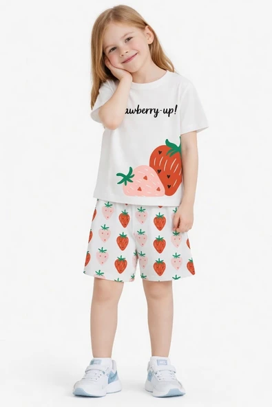 Kız Çocuk Şortlu Yazlık Pijama Takımı - Çilek NBK-6154 ürün görseli 1